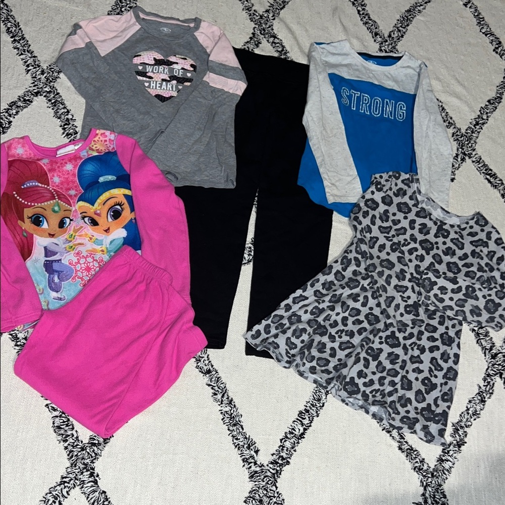 Girls 6/6X Clothing Bundle with Graphic Tops Pajamas Dress and Leggings